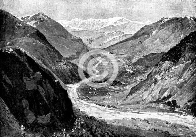 Chitral Expedition: entrance into Bajur, Valley of Panjkora River, contested by Umra Khan..., 1895. Creator: George Meisenbach.