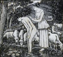Chloë washing Daphnis at a stream, compositional study for an illustration, c1895. Artist: Camille Pissarro