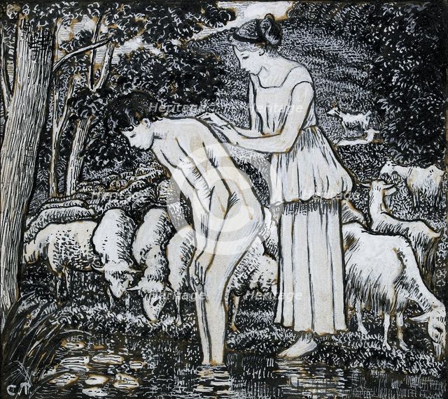 Chloë washing Daphnis at a stream, compositional study for an illustration, c1895. Artist: Camille Pissarro.