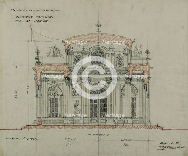 Chocolate-Menier Pavilion, World's Colombian Exposition, Chicago, Illinois, Section Sketch, 1893. Creator: Peter Joseph Weber.