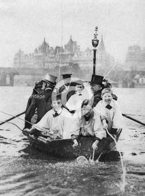 Choirboys of St Clement Danes beating the boundary-marks on the Thames, London, 1926-1927. Artist: Unknown