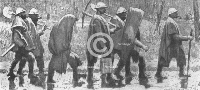 ''Choses vues a la guerre; territoriaux revenant de corvee sous la pluie.', 1915. Creator: Georges Leroux.