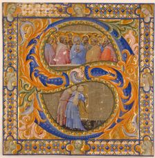 Choral Leaf Fragment: Framed Historiated "S" with Pentecost and Virgin Mary, early 15th century. Creator: Lorenzo Monaco