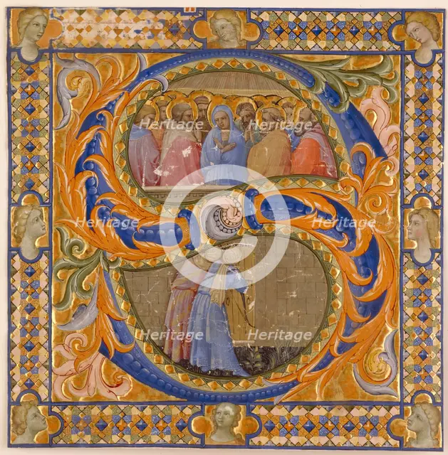 Choral Leaf Fragment: Framed Historiated "S" with Pentecost and Virgin Mary, early 15th century. Creator: Lorenzo Monaco.