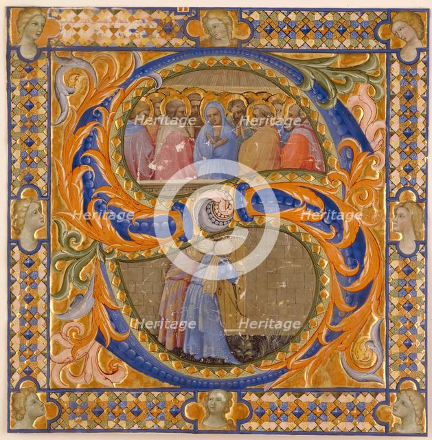 Choral Leaf Fragment: Framed Historiated "S" with Pentecost and Virgin Mary, early 15th century. Creator: Lorenzo Monaco.