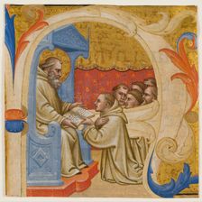 Choral Leaf Fragment: Historiated "A" with Six Monks Presenting a Book to an Enthroned....(?), c1400 Creator: Unknown
