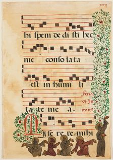 Choral Leaf: Text with Musical Notation, Partial Foliate Border, and Five Franciscan (?) Monks... Creator: Unknown