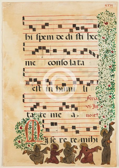 Choral Leaf: Text with Musical Notation, Partial Foliate Border, and Five Franciscan (?) Monks... Creator: Unknown.