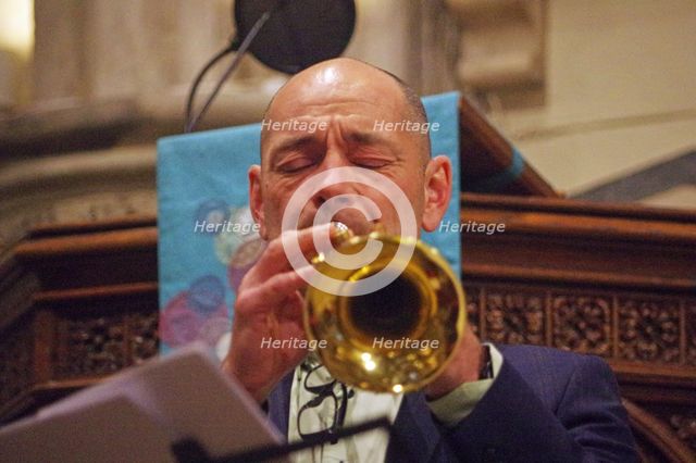 Chris Coull, Josephine Davies Mark Bassey Sextet, St Andrews Church, Hove, East Sussex, 14 Oct 2022. Creator: Brian O'Connor.