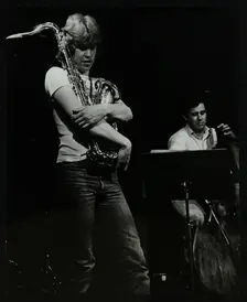 Chris Hunter and Chris Laurence on stage at The Stables, Wavendon, Buckinghamshire. Creator: Denis Williams