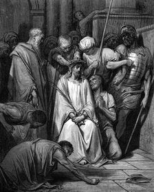 Christ mocked and the Crown of Thorns placed on his head. Artist: Gustave Doré