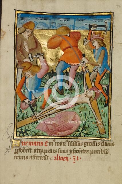 Christ Nailed to the Cross; Illustrated Vita Christi, with devotional supplements, about 1480-1490. Creator: Unknown.