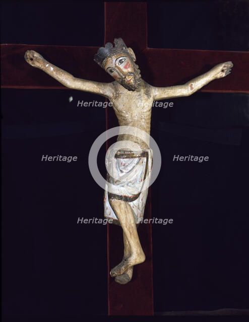  'Christ of Solsona', polychromed wood carving, Christ crucified with feet together by a single n…