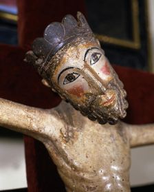 Christ of Solsona polychromed wood carving, detail of the superior part