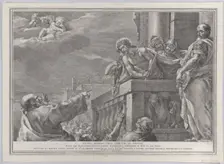 Christ on a balcony surrounded by guards, Pilate stands to the right gesturing towa..., ca. 1730-39. Creator: Pietro Monaco