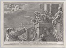 Christ on a balcony surrounded by guards, Pilate stands to the right gesturing towa..., ca. 1730-39. Creator: Pietro Monaco