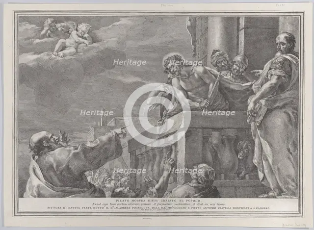 Christ on a balcony surrounded by guards, Pilate stands to the right gesturing towa..., ca. 1730-39. Creator: Pietro Monaco.