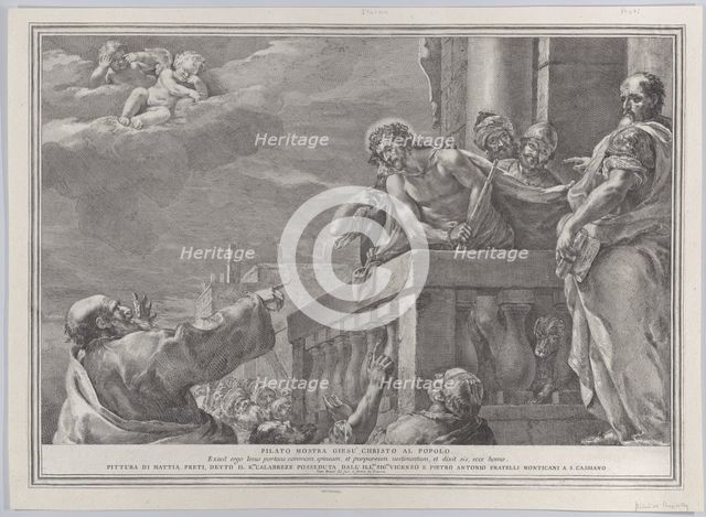 Christ on a balcony surrounded by guards, Pilate stands to the right gesturing towa..., ca. 1730-39. Creator: Pietro Monaco.