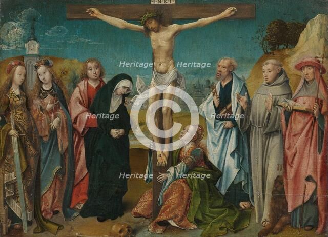 Christ on the Cross, with Mary, John, Mary Magdalene and Sts Cecilia and Barbara..., c.1505-c.1510. Creator: Cornelius Engebrechtsz.