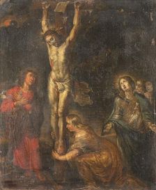 Christ on the Cross, with the Mother of Sorrows and Saints John the Evangelist and Mary..., c.1630. Creator: Anon