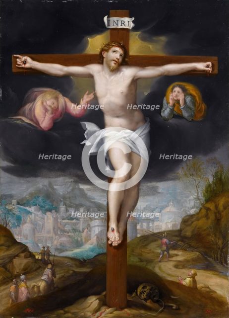 Christ on the Cross between two angels. Artist: Mostaert, Gillis (1534-1598)