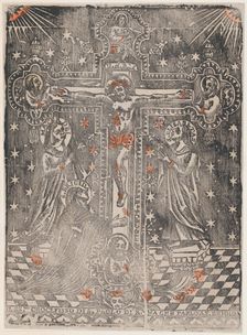 Christ on the cross flanked by the Virgin, Saint Brigit and Saint Eli..., ca. 1480-1500 (restrike?). Creator: Anon
