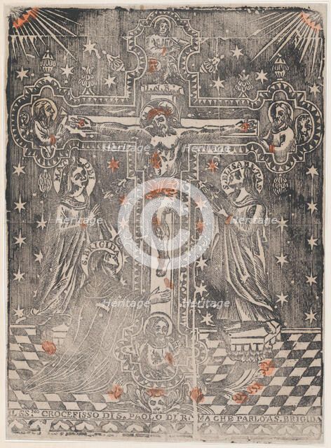 Christ on the cross flanked by the Virgin, Saint Brigit and Saint Eli..., ca. 1480-1500 (restrike?). Creator: Anon.