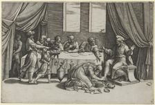 Christ at the table of Simon the Pharisee, Mary Magdalene washing his feet with her..., ca. 1520-25. Creator: Marcantonio Raimondi