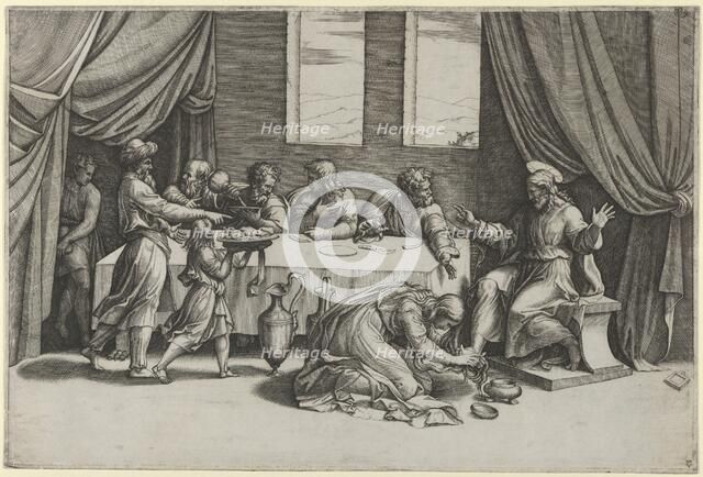 Christ at the table of Simon the Pharisee, Mary Magdalene washing his feet with her..., ca. 1520-25. Creator: Marcantonio Raimondi.