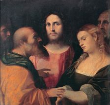 Christ and the Woman Taken in Adultery, 1525-1528. Artist: Palma il Vecchio, Jacopo, the Elder (1480-1528)