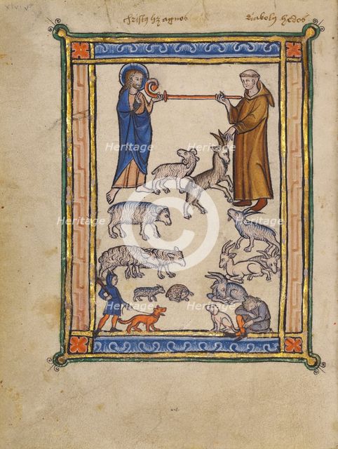 Christ and a Monk and Two Shepherds; Bestiary, about 1270. Creator: Unknown.