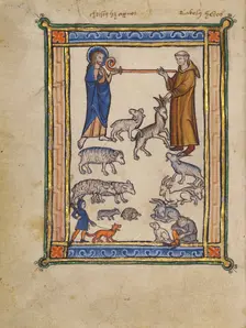 Christ and a Monk and Two Shepherds; Bestiary, about 1270. Creator: Unknown