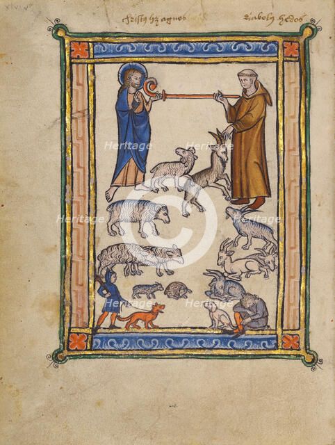 Christ and a Monk and Two Shepherds; Bestiary, about 1270. Creator: Unknown.