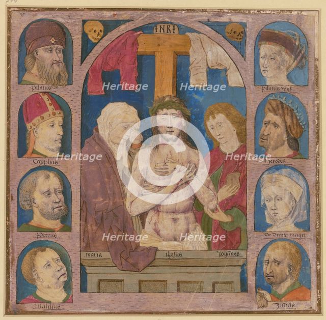 Christ as the Man of Sorrows between Mary and John, to the right and left four heads each... Creator: Unknown.