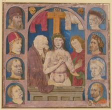 Christ as the Man of Sorrows between Mary and John, to the right and left four heads each... Creator: Unknown