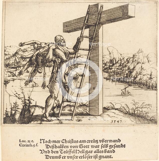 Christ Ascending the Cross with Sin, Death, and the Devil, 1547. Creator: Augustin Hirschvogel.