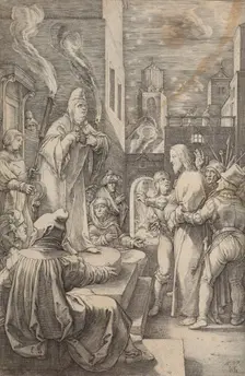 Christ before Caiaphas, plate 4 from The Passion of Christ, 1597. Creator: Hendrik Goltzius