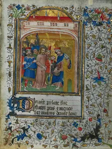 Christ before Pilate: Leaf from a Book of Hours (2 of 6 Excised Leaves), c. 1420-1430. Creator: Henri d'Orquevaulx (French); Workshop, or