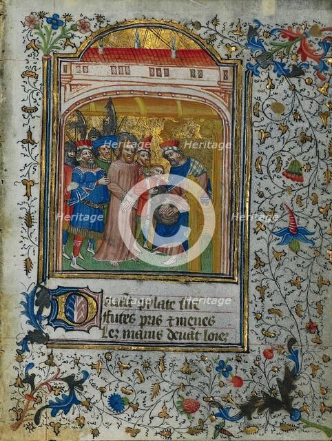 Christ before Pilate: Leaf from a Book of Hours (2 of 6 Excised Leaves), c. 1420-1430. Creator: Henri d'Orquevaulx (French); Workshop, or.