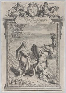 Christ calling Saint Andrew, who kneels before him on a beach, and Saint Peter, who climbs..., 1590. Creator: Adriaen Collaert