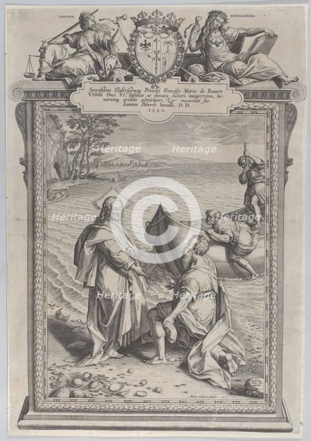 Christ calling Saint Andrew, who kneels before him on a beach, and Saint Peter, who climbs..., 1590. Creator: Adriaen Collaert.