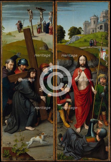 Christ Carrying the Cross, with the Crucifixion; The Resurrection, with the Pilgrims..., ca. 1510. Creator: Gerard David.