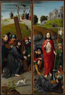 Christ Carrying the Cross, with the Crucifixion; The Resurrection, with the Pilgrims..., ca. 1510. Creator: Gerard David