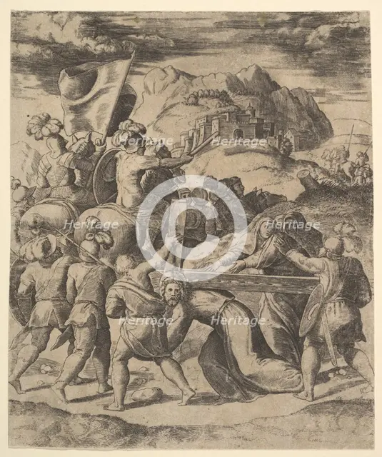 Christ carrying the cross surrounded by soldiers, several on horseback, 1530-60. Creator: Master of the Die.