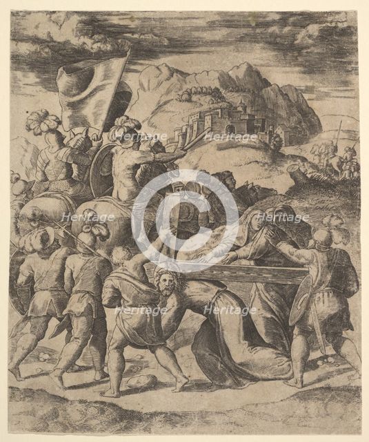 Christ carrying the cross surrounded by soldiers, several on horseback, 1530-60. Creator: Master of the Die.