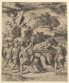 Christ carrying the cross surrounded by soldiers, several on horseback, 1530-60. Creator: Master of the Die
