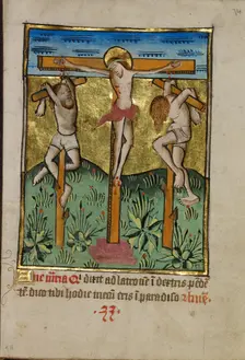 Christ Crucified between the Two Thieves; Illustrated Vita Christi..., about 1480-1490. Creator: Unknown