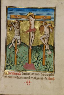 Christ Crucified between the Two Thieves; Illustrated Vita Christi..., about 1480-1490. Creator: Unknown