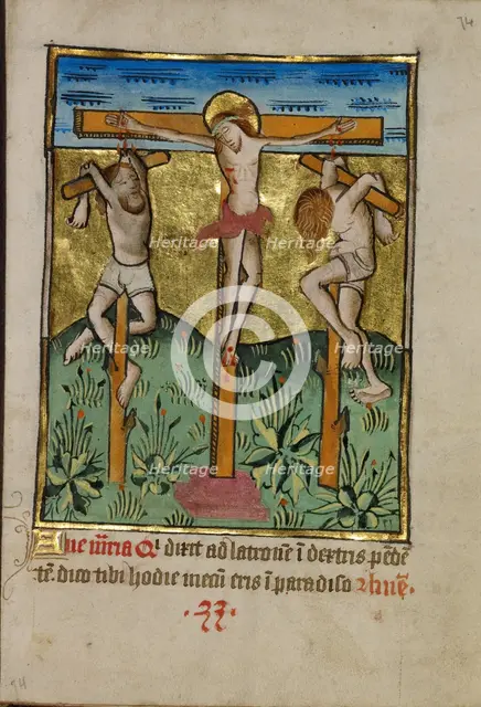 Christ Crucified between the Two Thieves; Illustrated Vita Christi..., about 1480-1490. Creator: Unknown.