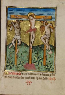 Christ Crucified between the Two Thieves; Illustrated Vita Christi..., about 1480-1490. Creator: Unknown